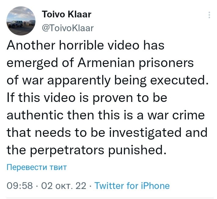 Տոյվո Կլաարն արձագանքել է հայ գերիների գնդակահարության տեսանյութին