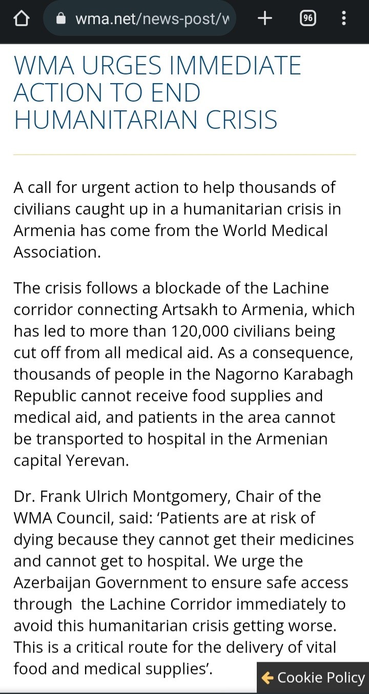 Բժիշկների համաշխարհային ասոցիացիան անդրադարձել է Լեռնային Ղարաբաղի Հանրապետության հումանիտար ճգնաժամին